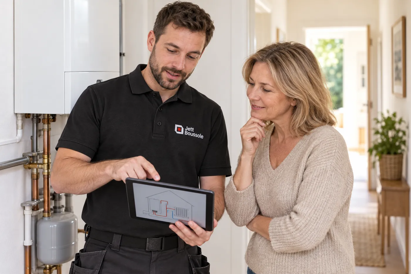 Chauffagiste en polo Jett Boussole expliquant le diagnostic sur une tablette à une habitante, à côté de la chaudière murale