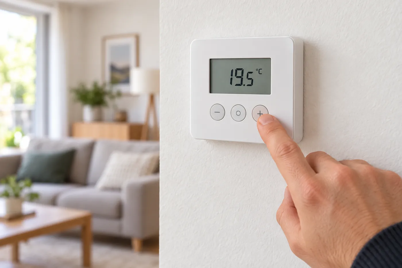 Réglage d'un thermostat d'ambiance mural affichant 19,5 °C dans un séjour